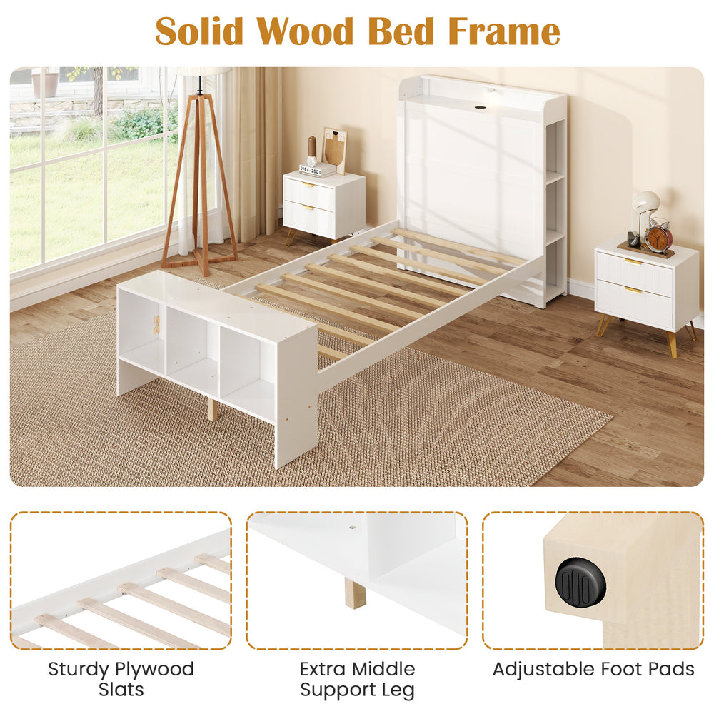 Twin size bed frame with storage headboard, USB ports, and adjustable LED lights for modern bedroom convenience.