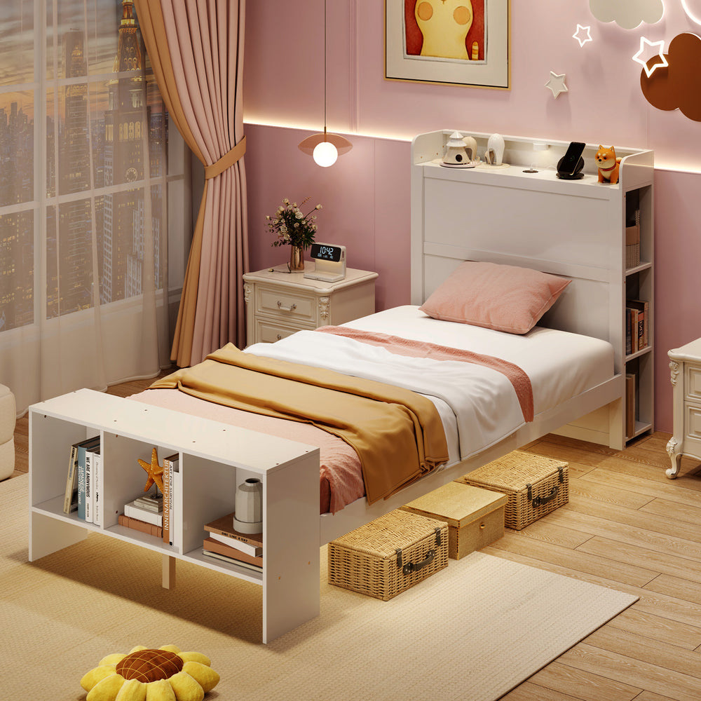 Twin size bed frame with storage headboard, USB ports, and adjustable LED lights, perfect for modern bedrooms.