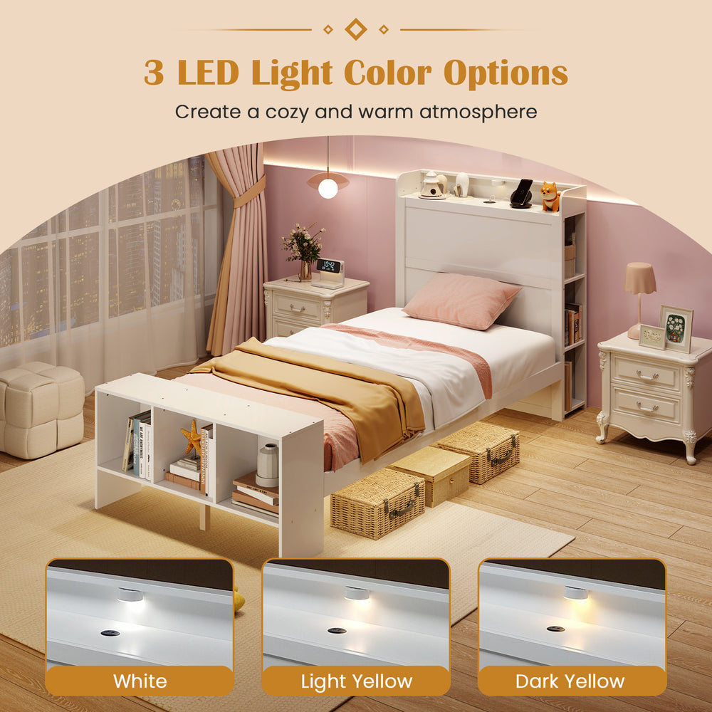 Twin size bed frame with storage headboard, USB ports, and adjustable LED lights for a cozy bedroom atmosphere.