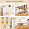 Twin size bed frame with storage headboard, USB ports, and LED lights, perfect for books and under-bed storage.