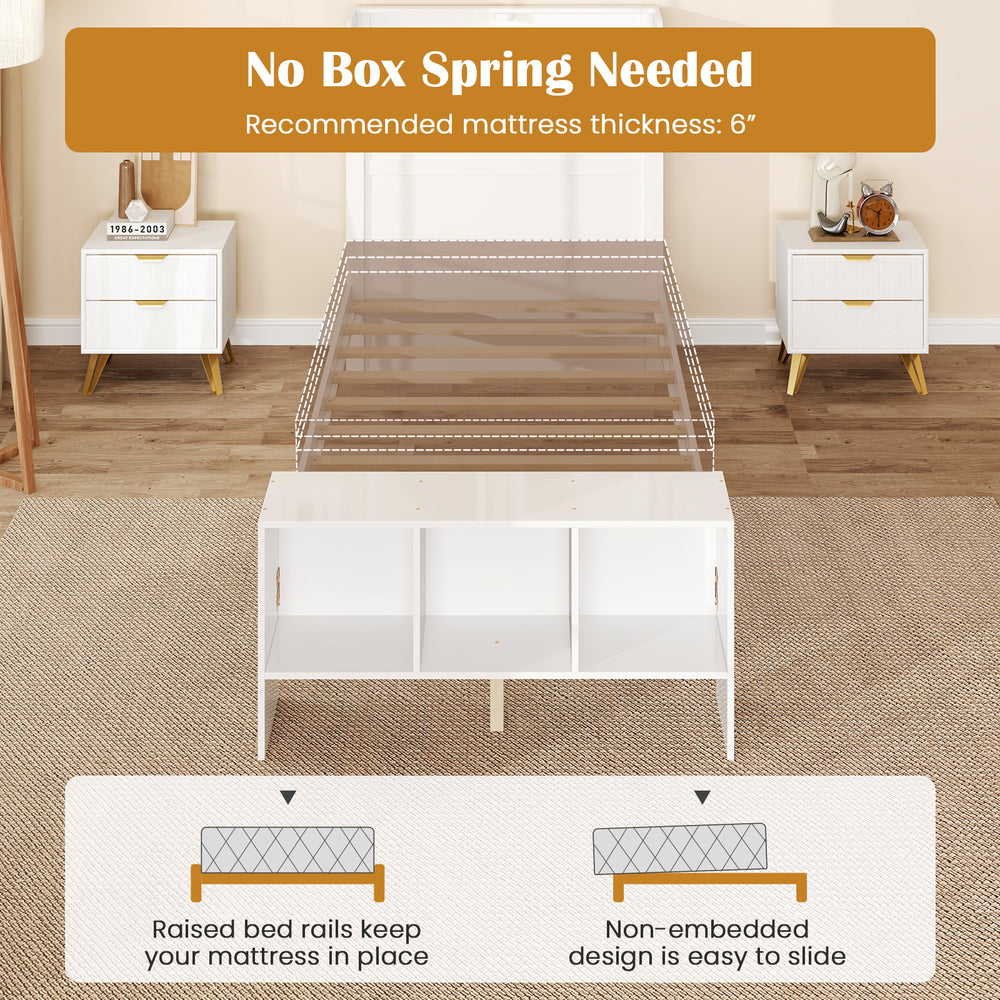Twin size bed frame with storage headboard, USB ports, and adjustable LED lights, designed for easy mattress placement.