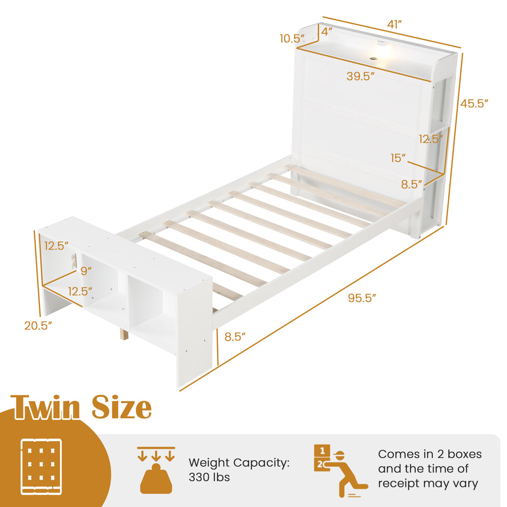 Twin size bed frame with storage headboard, 2 USB ports, and adjustable LED lights for modern bedroom convenience.