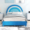 Twin bed frame in blue with a rounded headboard design and soft velvet fabric, offering a stylish touch for kids' rooms.