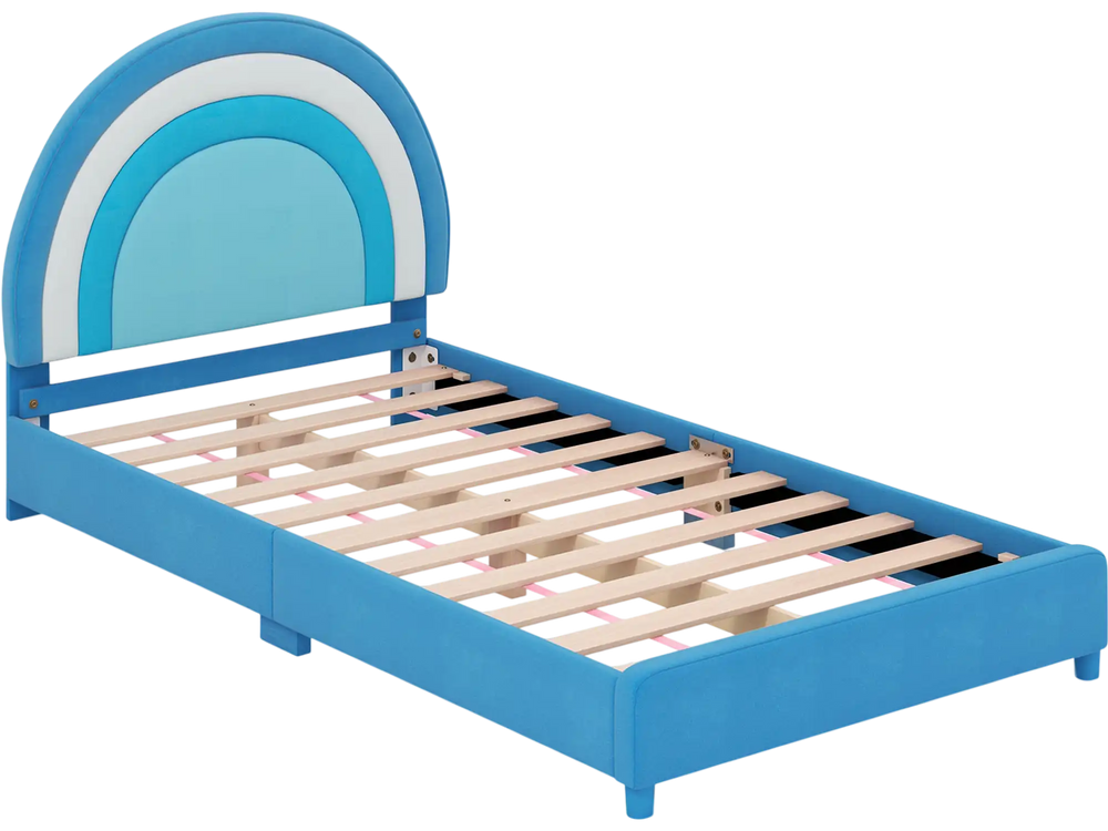 Twin bed frame in blue with adjustable headboard and sturdy wooden slats, designed for kids' safety and comfort.