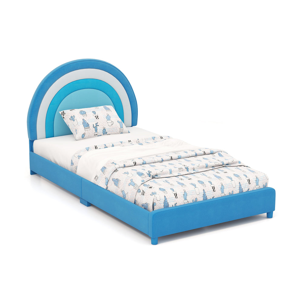Twin bed frame in blue with adjustable headboard, soft velvet fabric, and sturdy wooden slats for kids' safety.