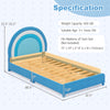 Twin bed frame in blue with height-adjustable headboard and sturdy wooden slats, suitable for kids' safety and comfort.
