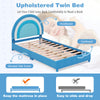 Upholstered twin bed frame in blue with adjustable headboard and sturdy wooden slats for kids' comfort and safety.