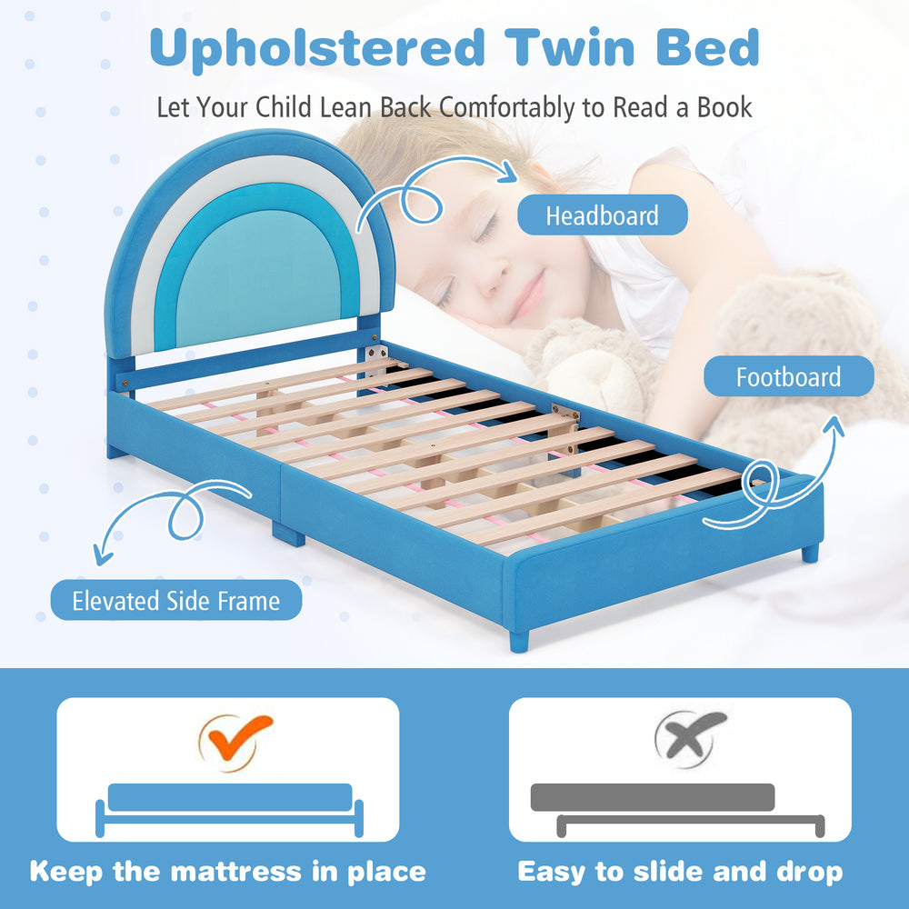 Upholstered twin bed frame in blue with adjustable headboard and sturdy wooden slats for kids' comfort and safety.