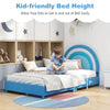 Twin bed frame in blue with adjustable headboard, sturdy wooden slats, and kid-friendly height for easy access.