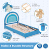 Twin bed frame in blue with adjustable headboard, sturdy wooden slats, and anti-scratch foot pads for kids' safety.