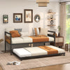 Twin metal daybed with trundle, featuring lockable wheels and an industrial design, perfect for living rooms or guest.