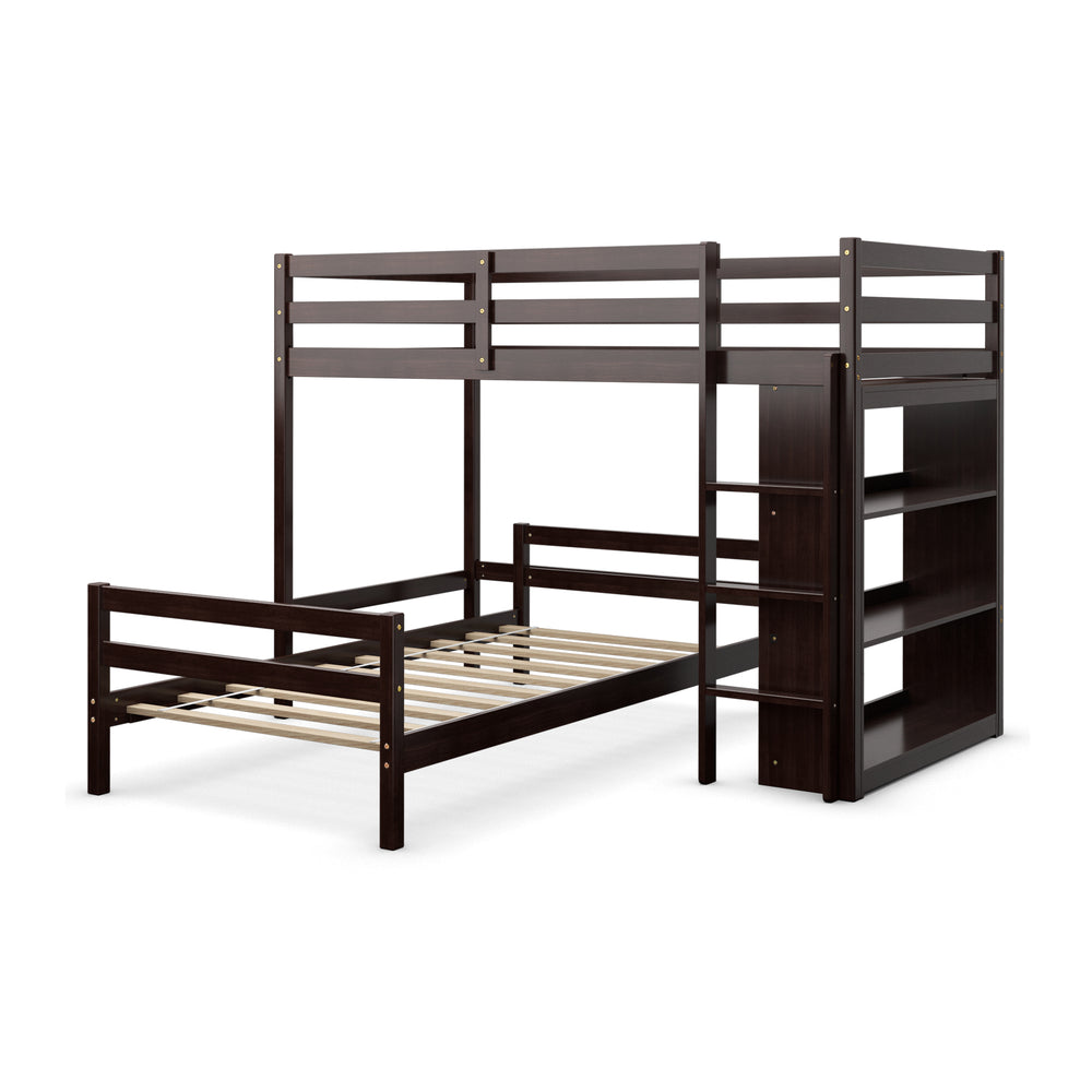 Twin over twin loft bunk bed in dark brown, featuring a sturdy wooden structure and protective guardrail for enhanced.