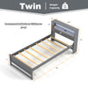 Twin size bed frame in gray with storage headboard, USB charging station, and sturdy plywood slats for stability.