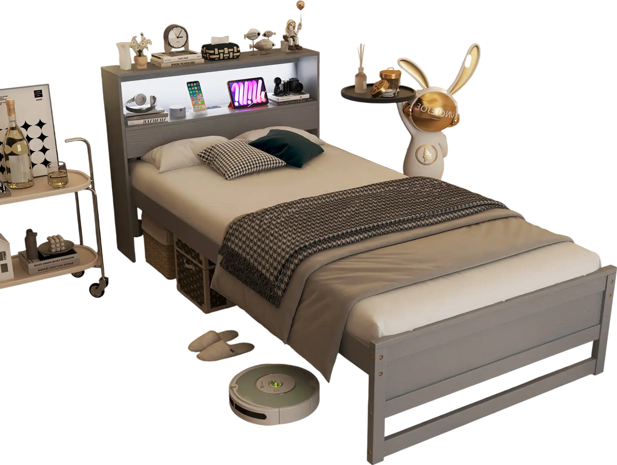 Costway Twin Bed Frame Storage Headboard Charging Station Gray 58634217 New