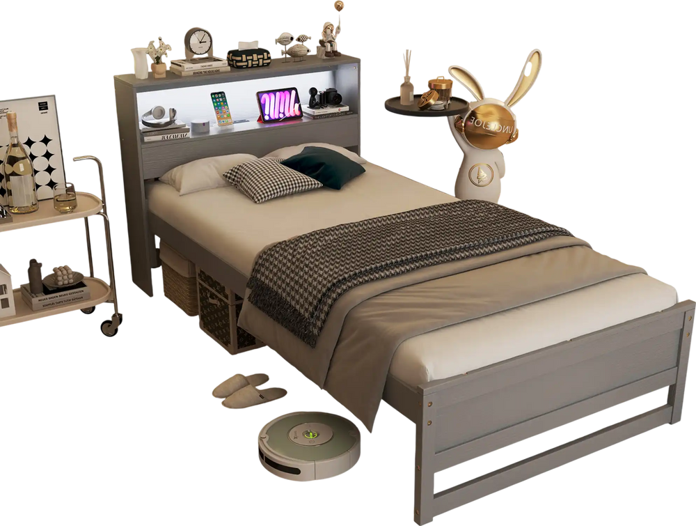 Twin size gray bed frame with storage headboard, USB charging station, and under-bed space for easy cleaning.
