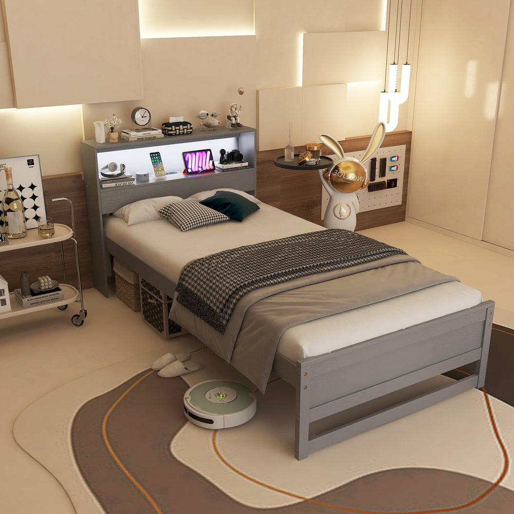 Twin Size Bed Frame with Storage Headboard and Charging Station-Gray - Gallery View 1 of 10