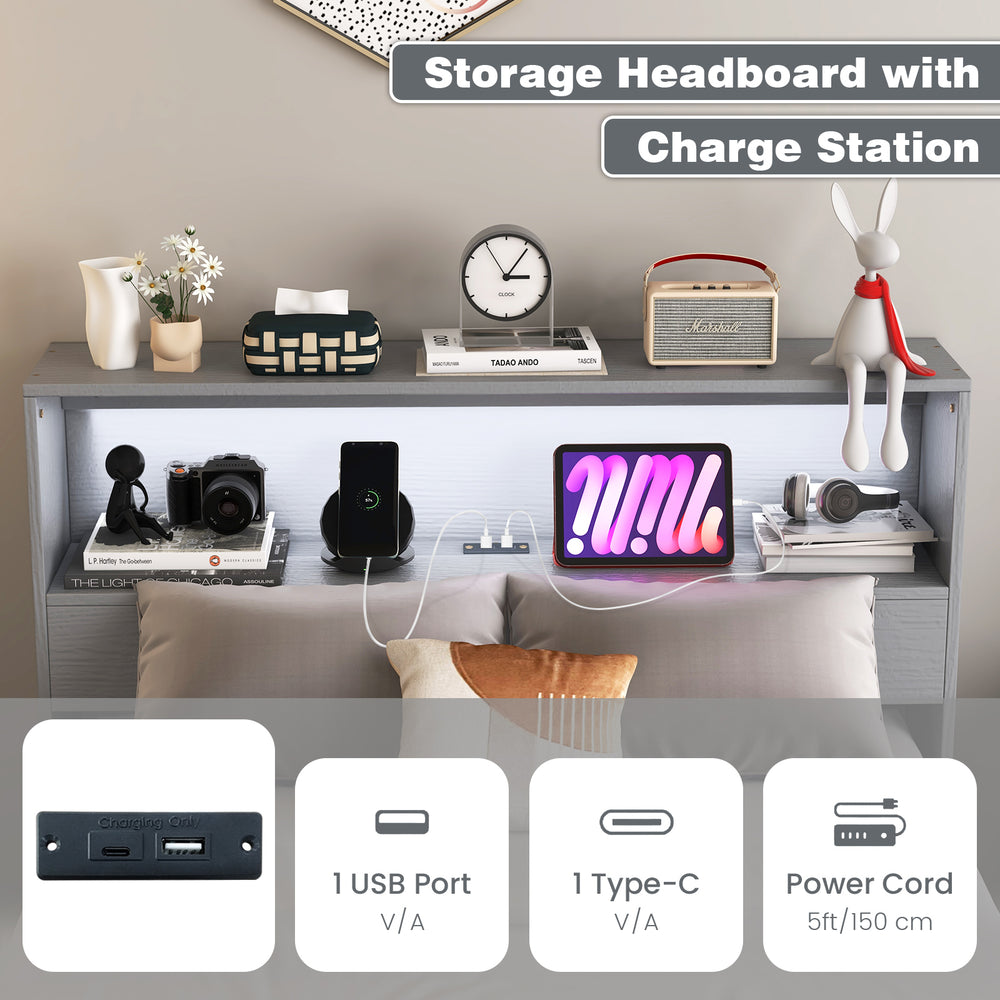 Twin size bed frame with gray storage headboard, USB charging station, and hidden light strip for modern bedrooms.