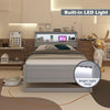 Twin size bed frame in gray with storage headboard, USB port, and built-in LED light for a modern bedroom setup.