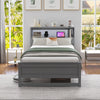 Twin size bed frame in gray with storage headboard, USB charging station, and modern design for stylish bedrooms.