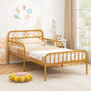 Twin size bed frame in gold with headboard and safety side guardrails, featuring a slatted platform for mattress.