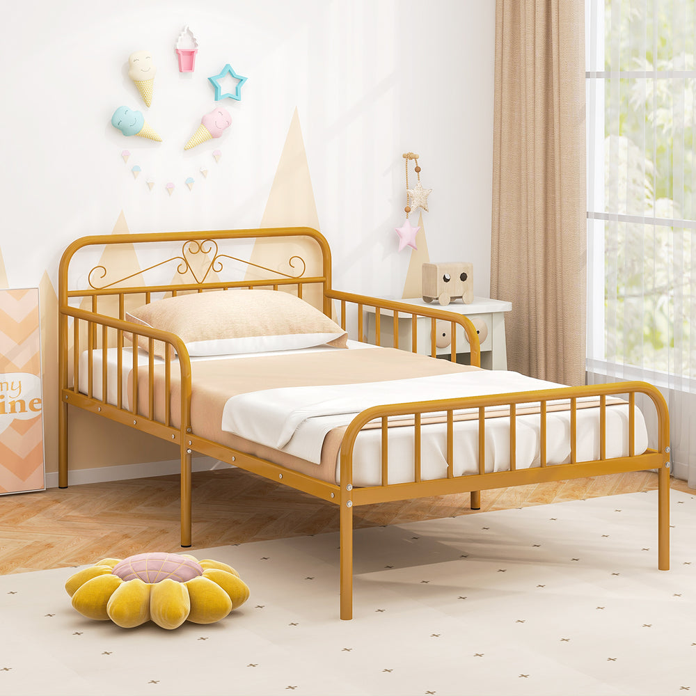 Twin size bed frame in gold with headboard and safety side guardrails, featuring a slatted platform for mattress.