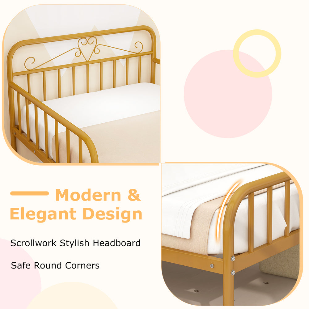 Twin size bed frame in gold with stylish headboard, safety side guardrails, and safe round corners for modern bedrooms.