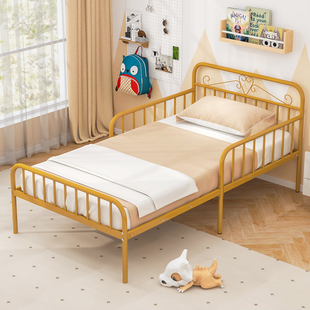 Twin size bed frame in gold with headboard, safety side guardrails, and under-bed storage for organized bedroom.