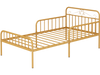 Twin size gold bed frame with headboard and safety side guardrails, featuring slatted platform and under-bed storage.