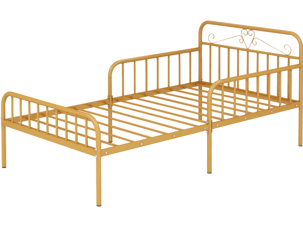 Twin size gold bed frame with headboard and safety side guardrails, featuring slatted platform and under-bed storage.
