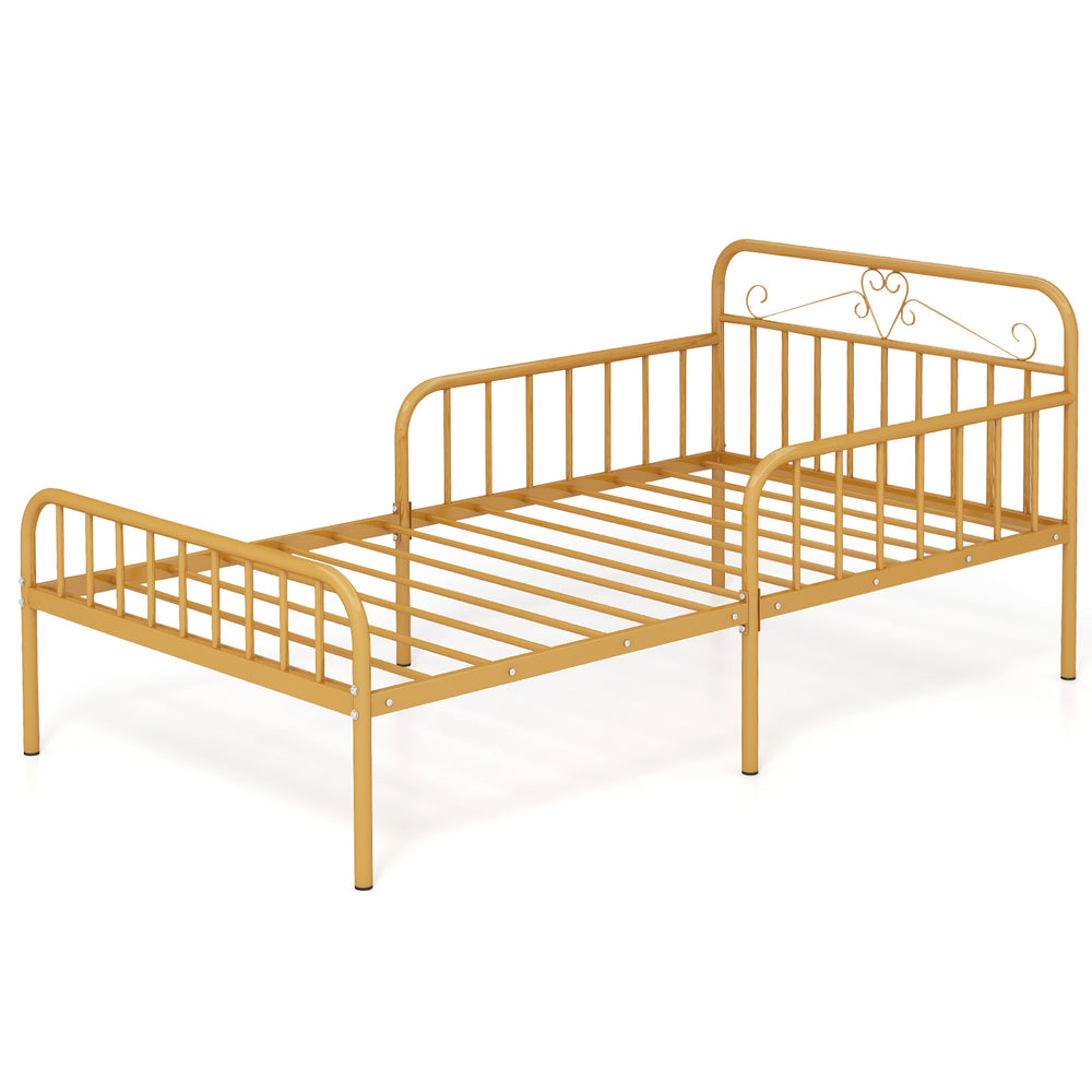 Twin size bed frame in gold with sturdy metal construction, featuring safety side guardrails and elegant design for any.