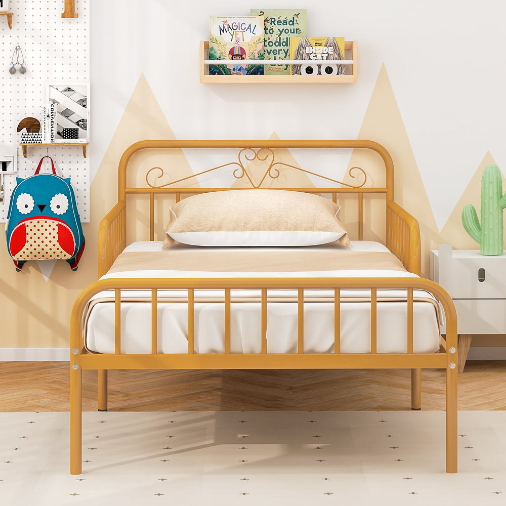 Twin size gold bed frame with headboard and safety side guardrails, featuring a slatted platform and under-bed storage.