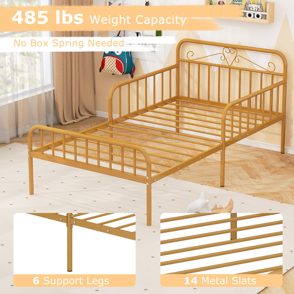 Twin size gold bed frame with headboard, safety side guardrails, and 485 lbs capacity, perfect for stylish bedroom.