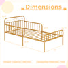 Twin size bed frame with headboard, gold finish, slatted platform, and safety side guardrails for secure sleeping.