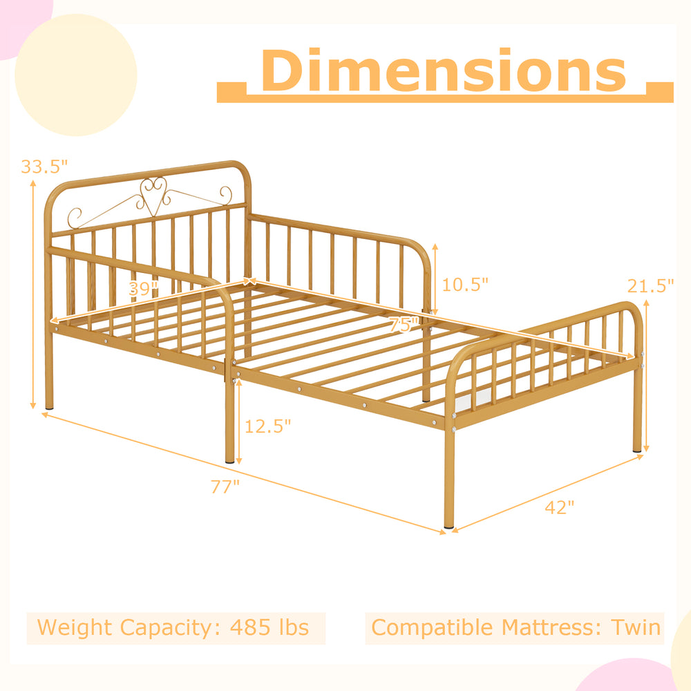 Twin size bed frame with headboard, gold finish, slatted platform, and safety side guardrails for secure sleeping.