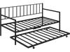 Twin size daybed and trundle frame set in black, featuring heavy-duty metal slats and lockable casters for easy use.