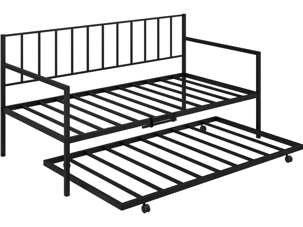 Twin size daybed and trundle frame set in black, featuring heavy-duty metal slats and lockable casters for easy use.