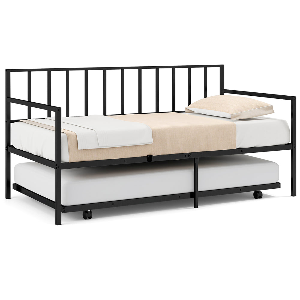 Twin size daybed and trundle frame in black with easy-pull trundle, ideal for living room or guest room use.
