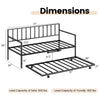 Twin size daybed and trundle frame set in black, showcasing dimensions and load capacities for versatile sleeping.