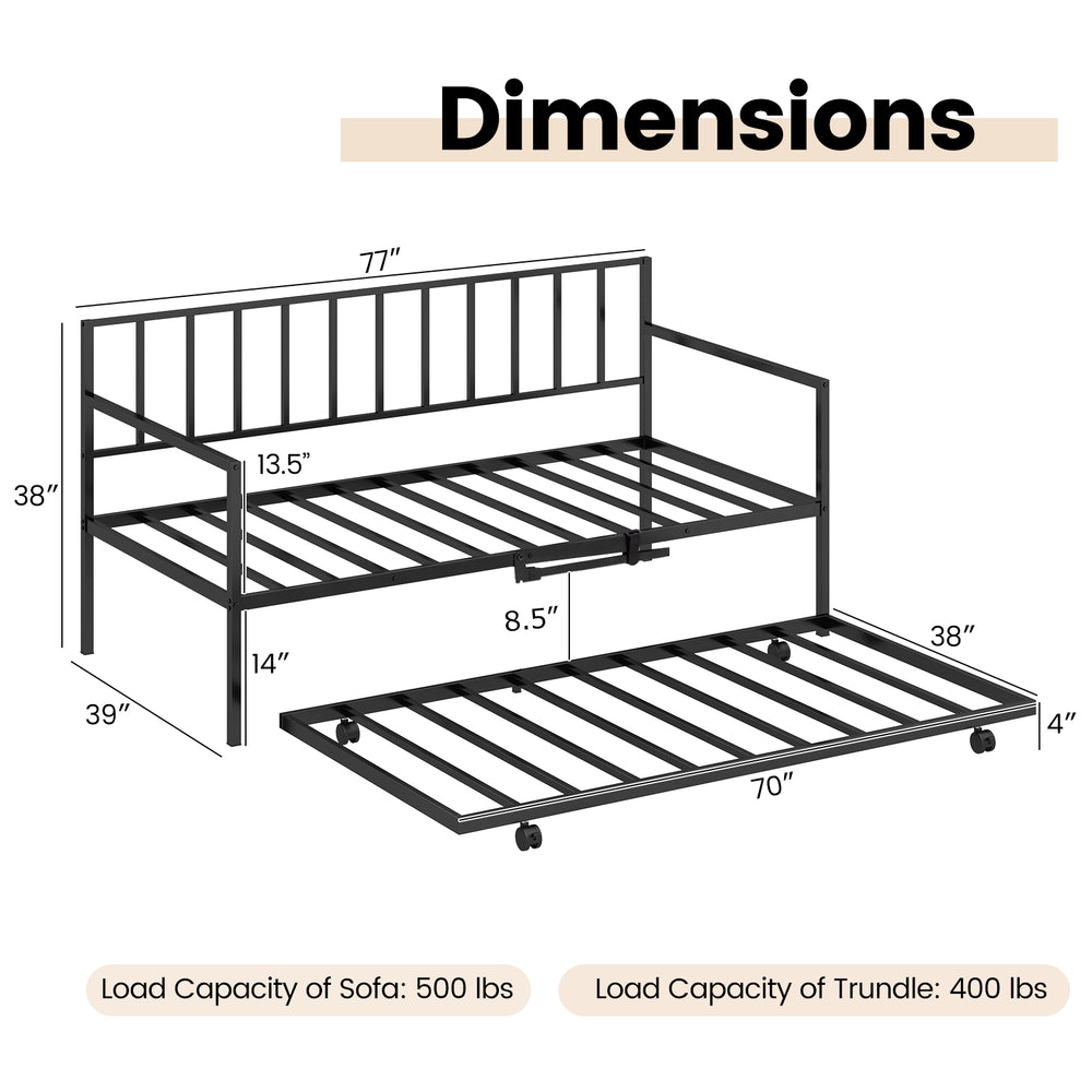 Twin size daybed and trundle frame set in black, showcasing dimensions and load capacities for versatile sleeping.