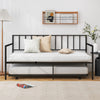 Twin size daybed and trundle frame set in black with cushions, ideal for living room or guest room use.