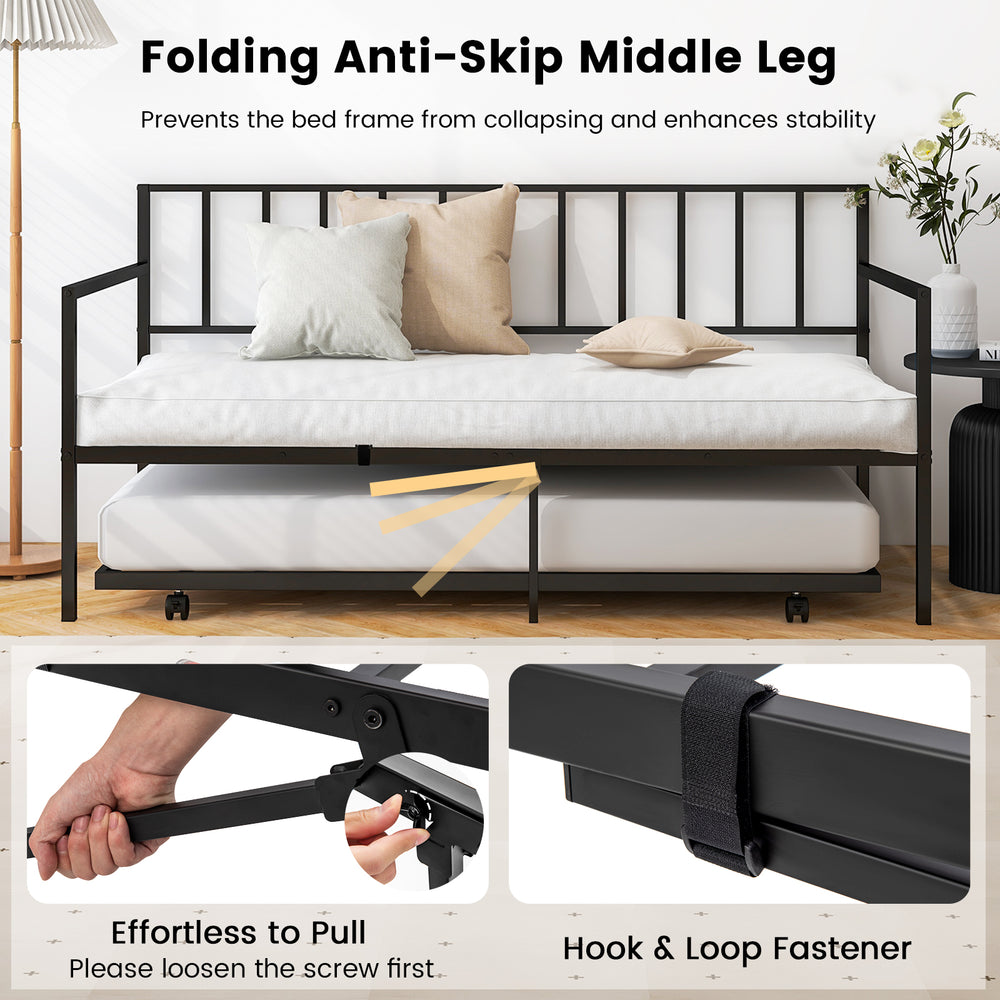 Twin size daybed frame with trundle, featuring a folding anti-skip middle leg for enhanced stability and support.