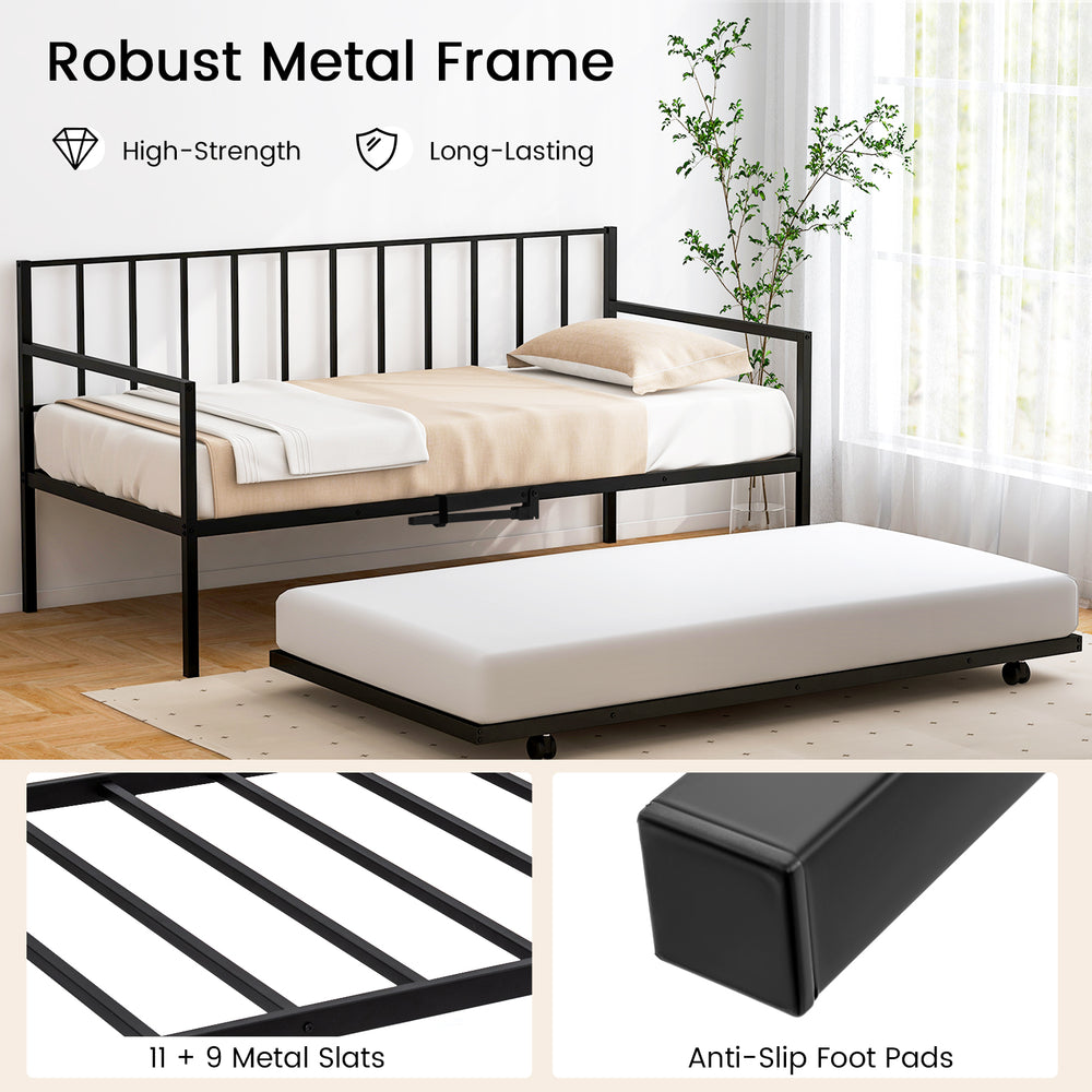 Twin size daybed and trundle frame set in black with sturdy metal slats, ideal for living room or guest room use.