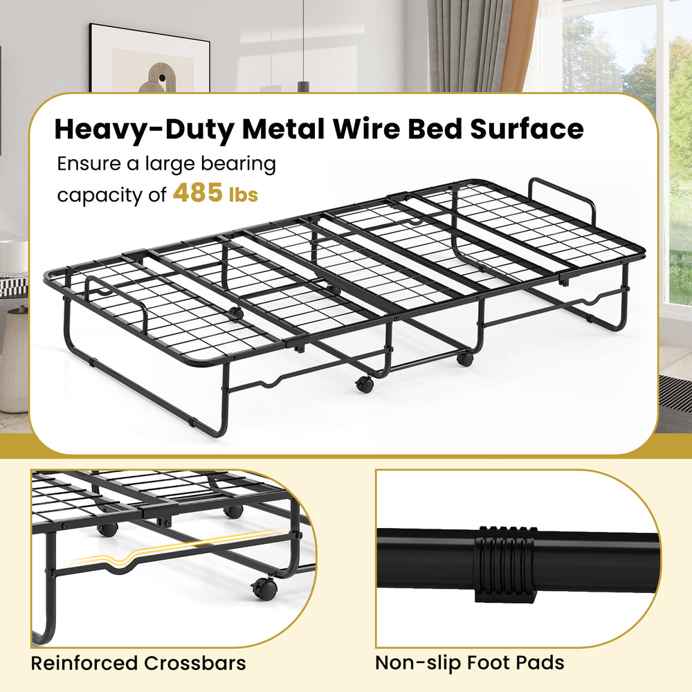 Twin size folding bed with heavy-duty metal frame, 485 lbs capacity, featuring reinforced crossbars and non-slip foot.