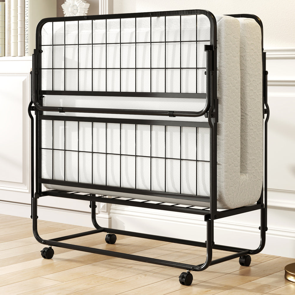 Twin size folding bed featuring a sturdy metal frame and compact design, perfect for space-saving and easy setup.