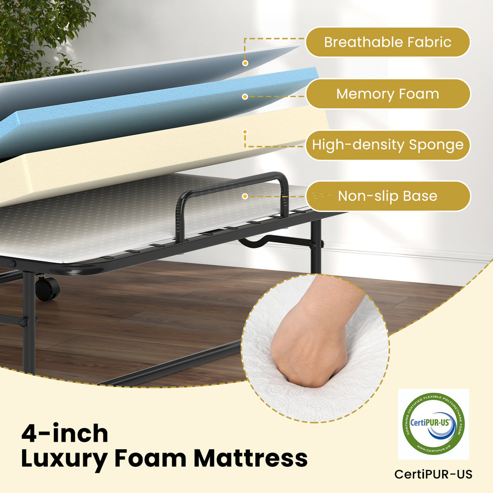 4-inch luxury foam mattress featuring breathable fabric and non-slip base, designed for twin size folding bed comfort.