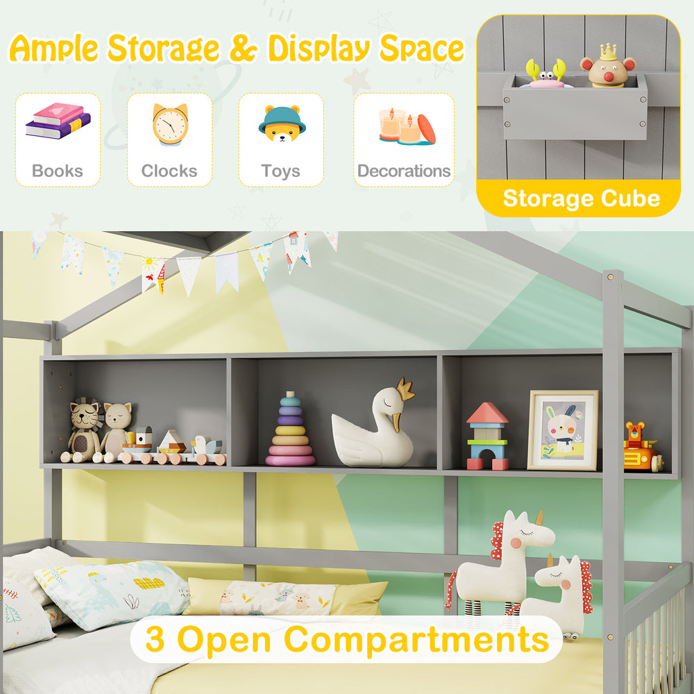 Twin size house bed in gray with 3 open compartments and 2 storage drawers for organized kids' rooms.