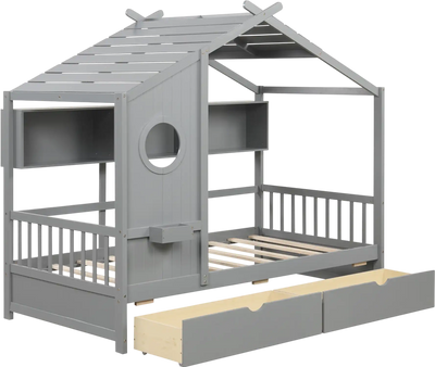 Costway Twin House Bed Frame w/ 2 Storage Drawers & Fence Guardrails 527648913 New