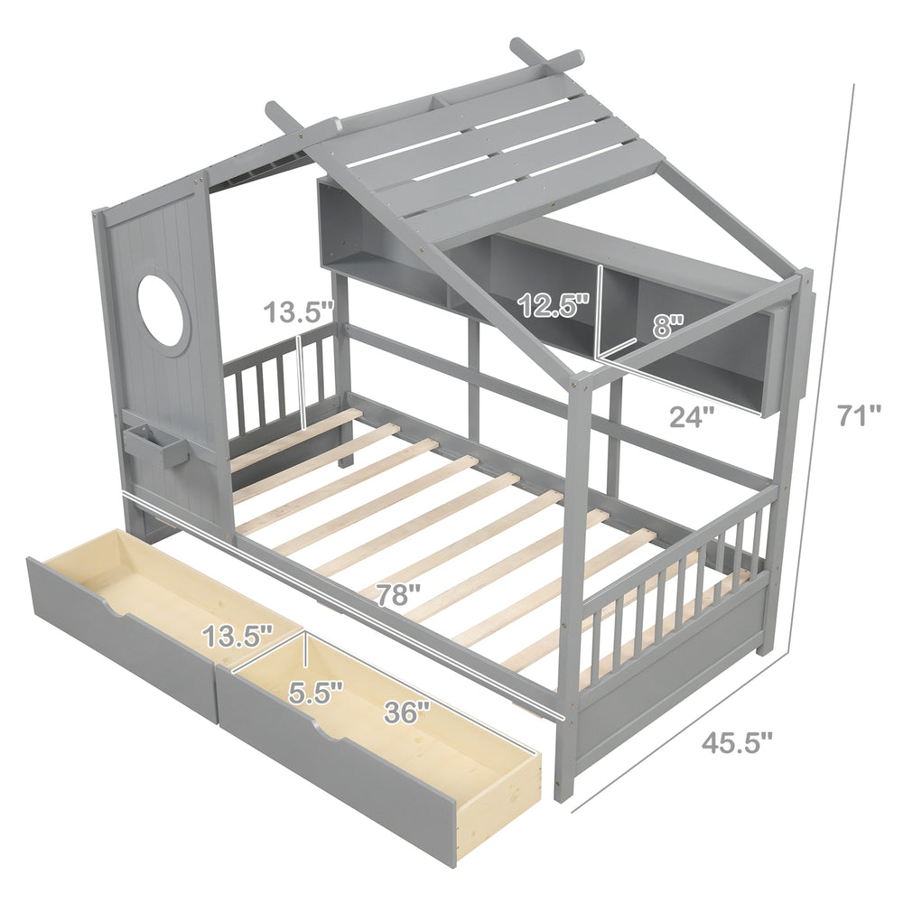 Twin size house bed in gray with fence guardrails, two storage drawers, and open compartments for imaginative play.