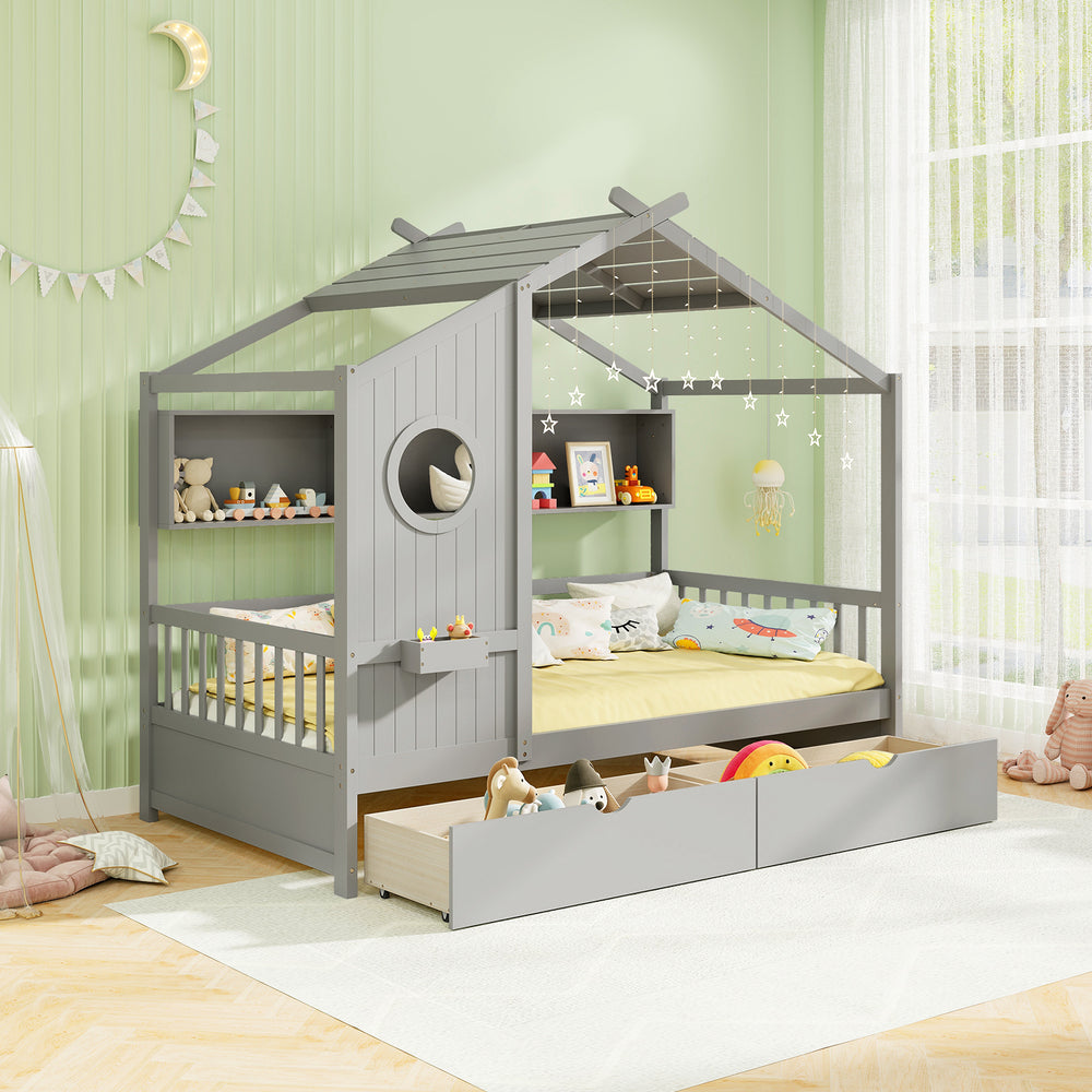 Twin size house bed in gray with fence guardrails and two storage drawers, perfect for imaginative themed bedrooms.