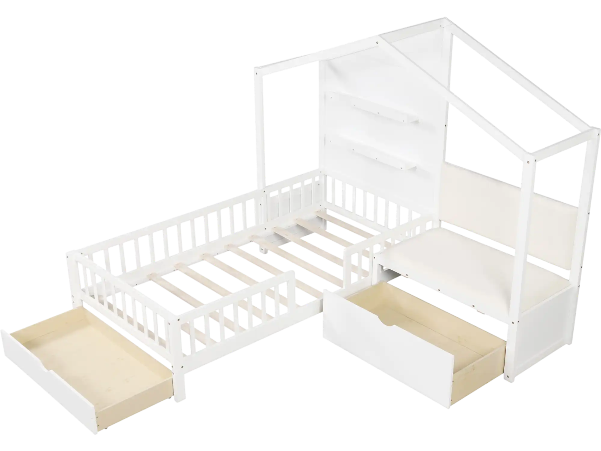 Costway Twin House Kids Platform Bed with Padded Bench 658731429 New